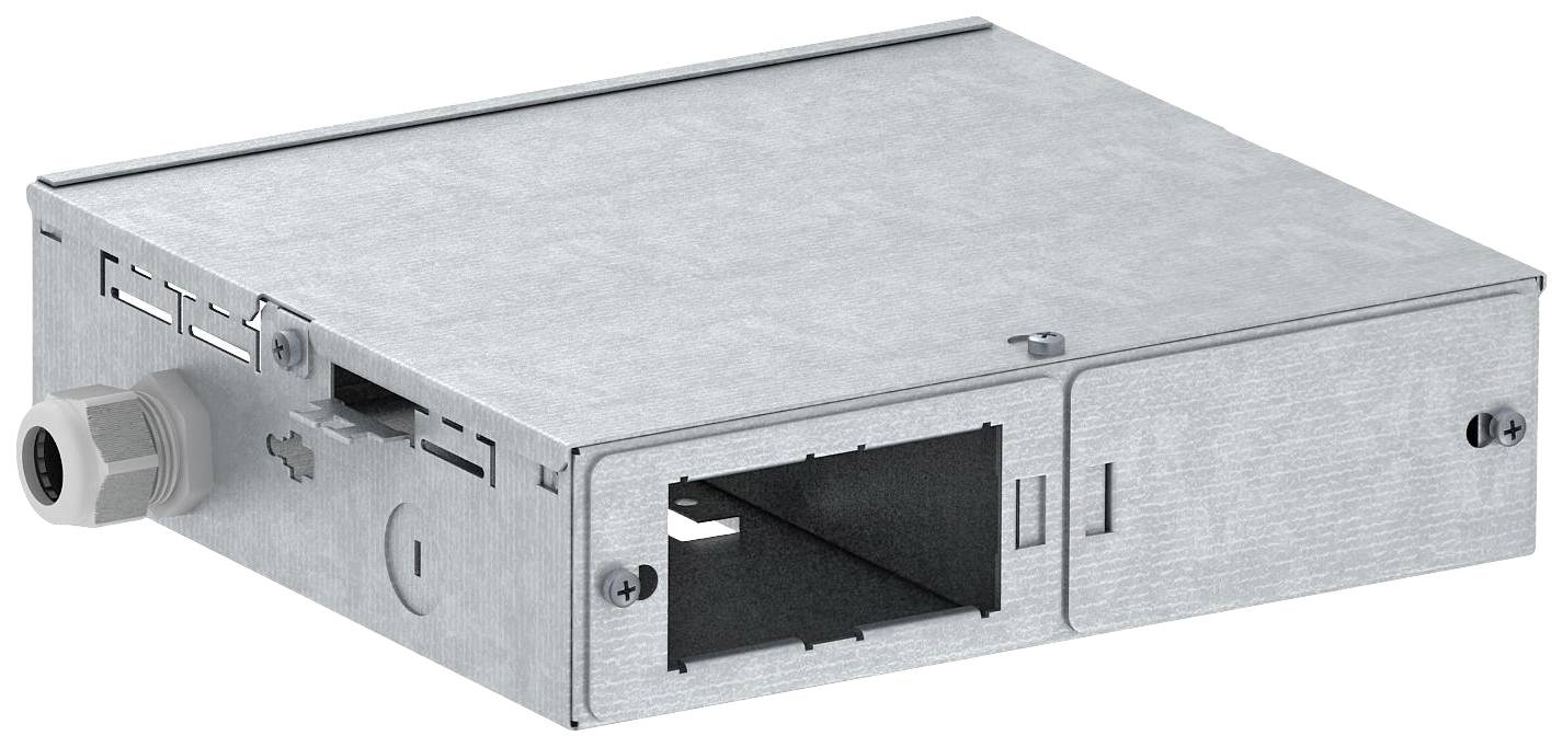 Fémház téglalap alakú kivágásokkal és egy szürke kábel csatlakozóval az oldalán. Elektronikai alkatrészekhez alkalmas.