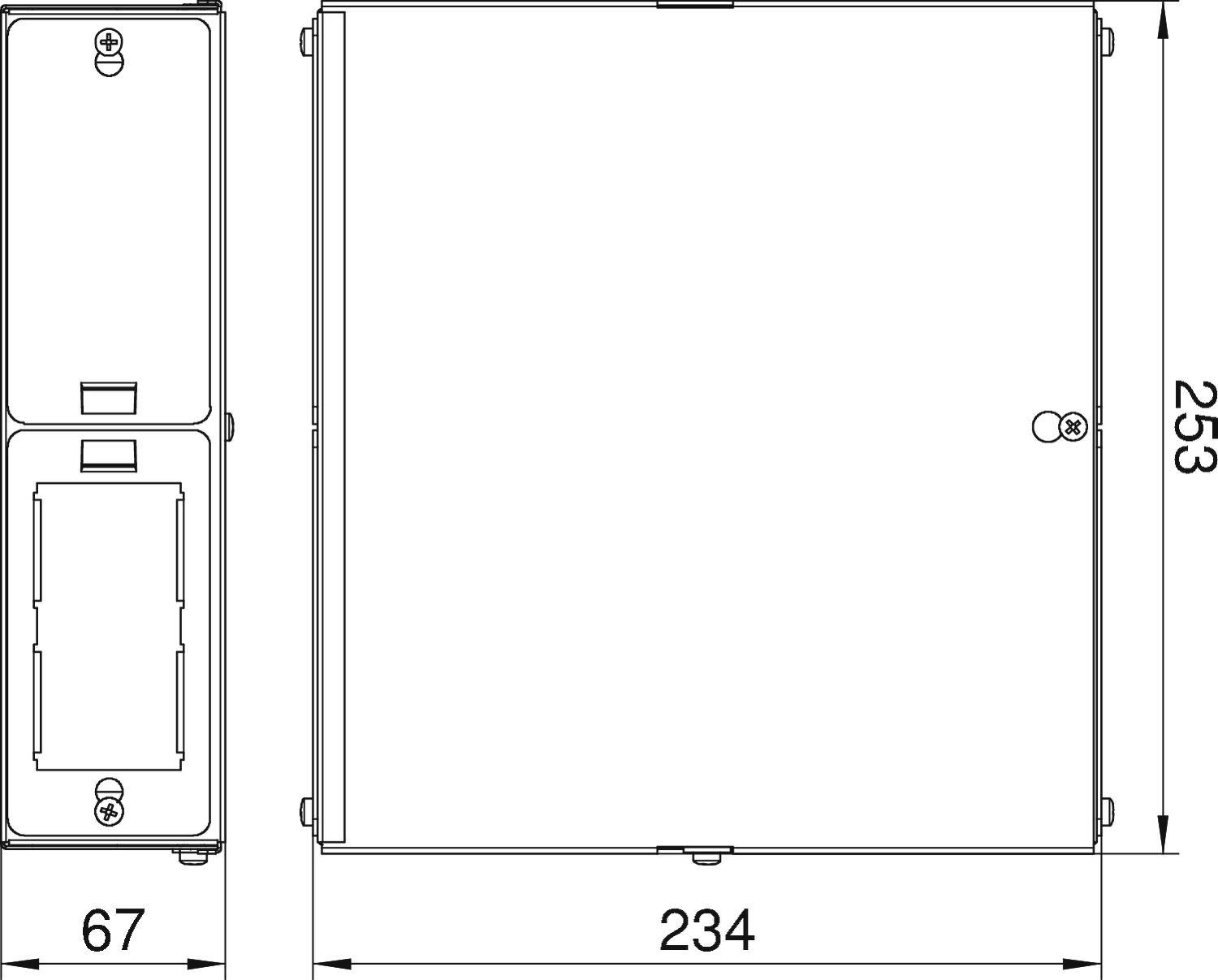 Műszaki rajz egy kapcsolószekrényről 67 x 234 x 253 mm méretekkel, téglalap alakú, elölnézeti és oldalnézeti ábrázolással.