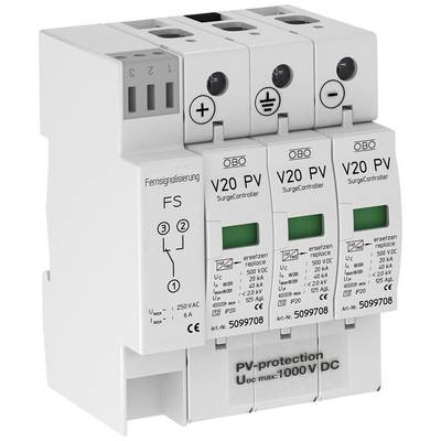 Egy V20 PV jelöléssel ellátott, több védelmi elemmel rendelkező túlfeszültség-védelmi eszköz napelemrendszerekhez.