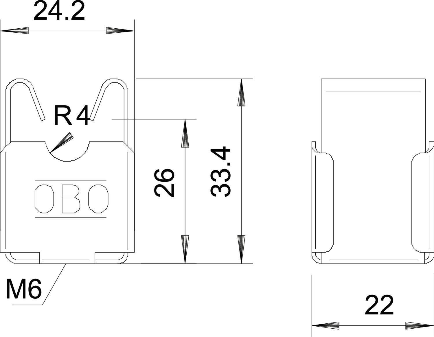 Műszaki rajz egy tartóról méretekkel: 24,2 mm szélesség, 33,4 mm magasság, M6-os menetes furat, oldalnézet mutatja a 22 mm mélységet.