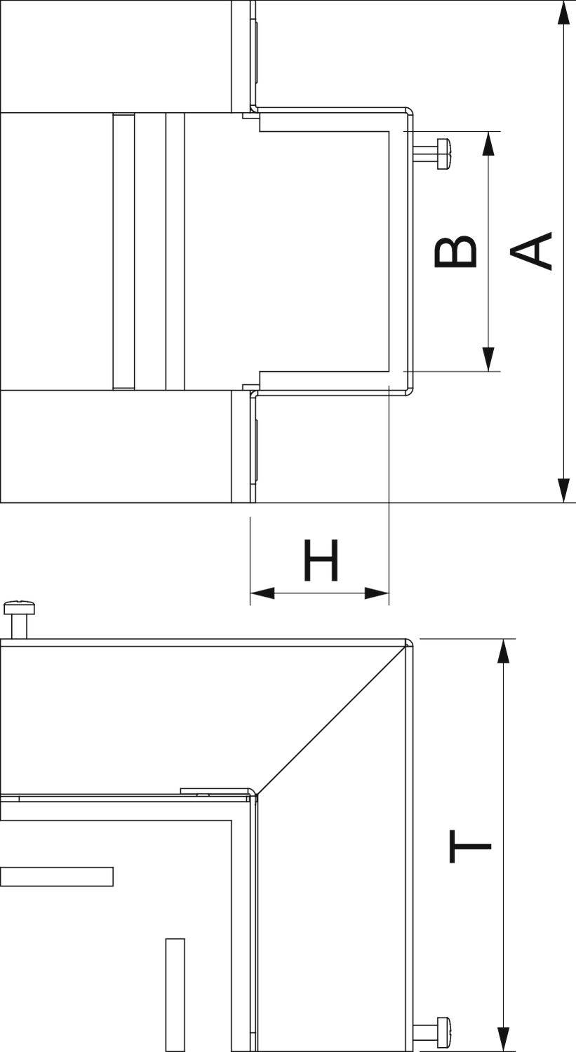 Műszaki rajz egy négyszög alakú alkatrészről méretekkel: A, B, H, T. Oldalnézet felül, elölnézet alul ábrázolva.