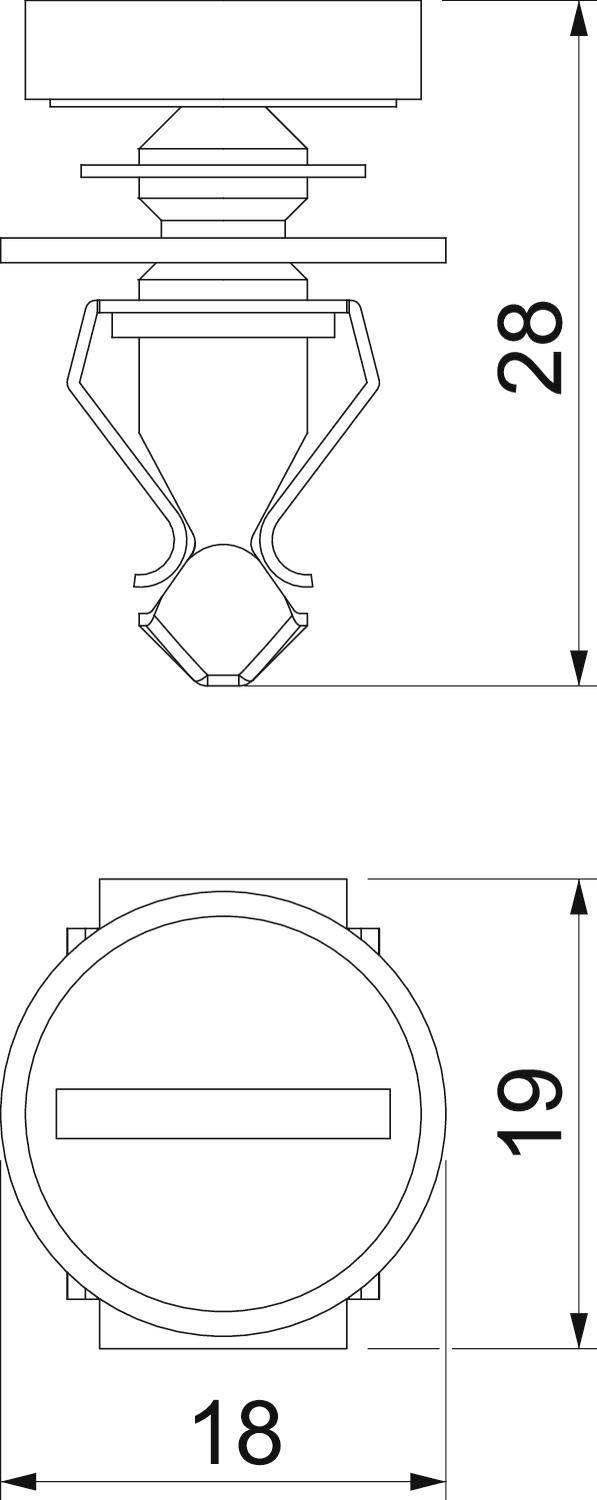 Műszaki rajz egy szórófejről oldalnézeti és alsó nézetű ábrázolással. Méretek: 28 mm magasság, 18 mm átmérő, 19 mm vertikális szélesség.