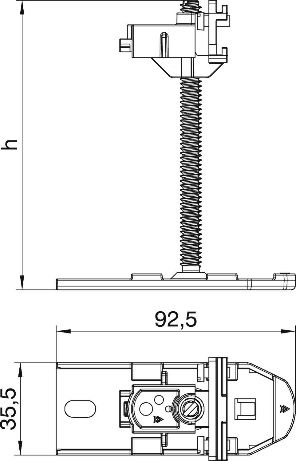 Műszaki rajz egy állítható csavarról méretekkel: magasság 'h', szélesség 92,5 mm, magasság 35,5 mm. Oldal- és felülnézet.