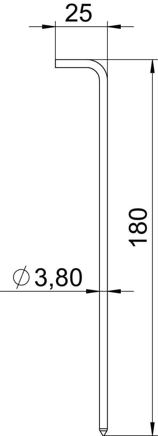 Fémrúd műszaki rajza horoggal. Hosszúság 180 mm, átmérő 3,80 mm, felső hajlat 25 mm-nél.