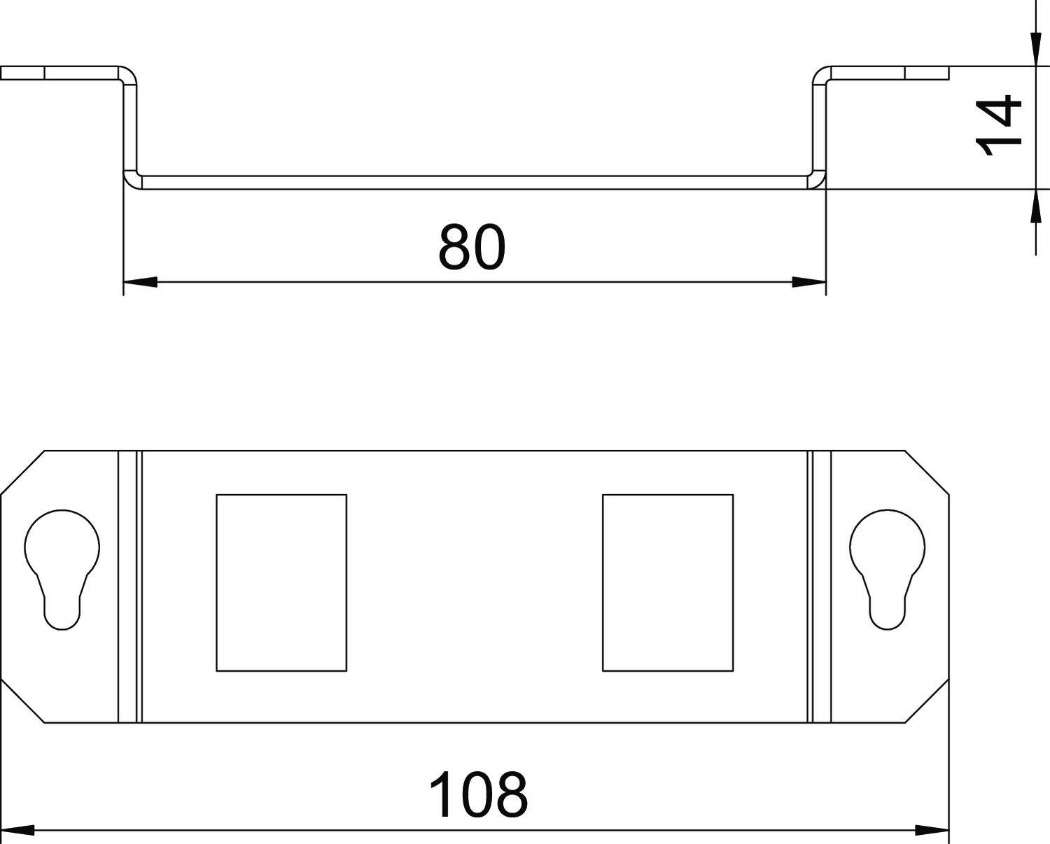 Műszaki rajz egy fémes szögvasról két dimenzióval: 80 mm szélesség, 14 mm magasság. Felül oldalnézet, alul felülnézet.