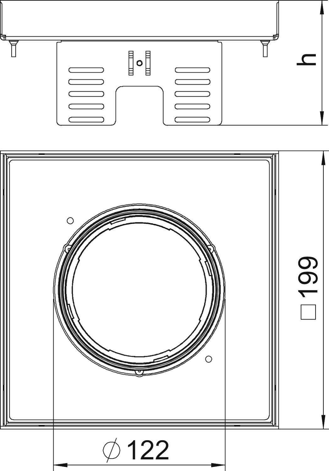 Egy négyzet alakú szellőzőrács rajza, központi kerek nyílásának átmérője 122 mm, teljes mérete 199 mm.