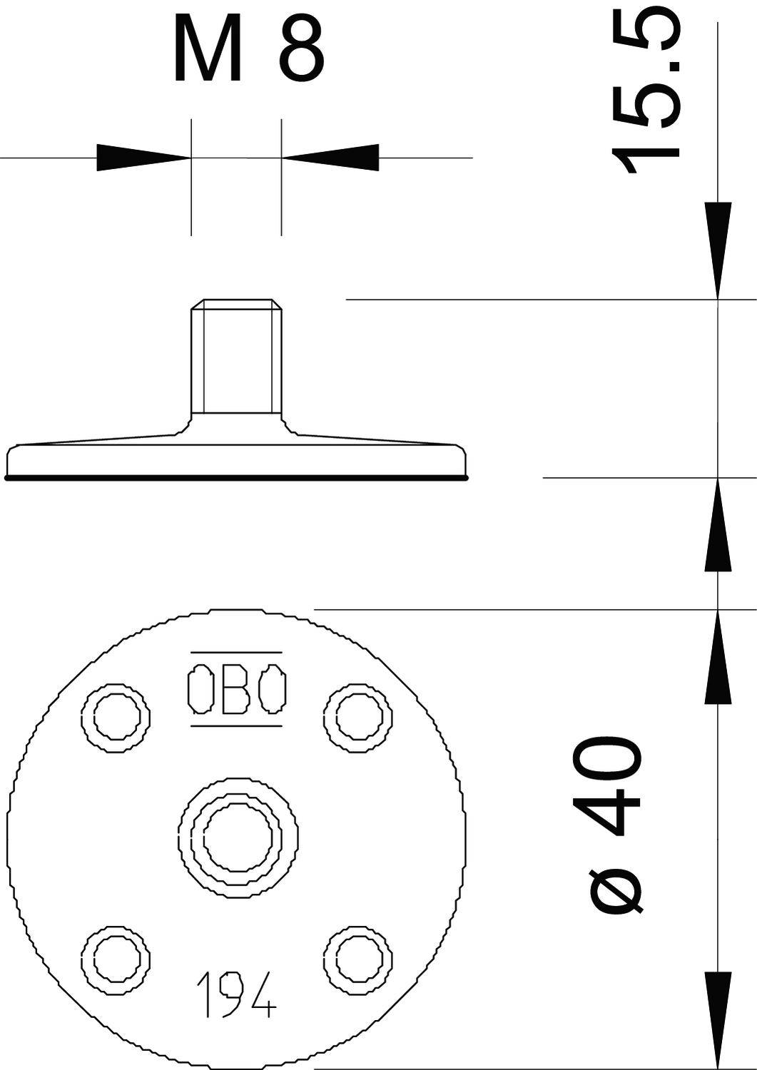 Egy rögzítőelem műszaki rajza. Felül oldalnézet az 'M8 menet' és '15,5 mm' magasság jelölésével. Alul felülnézet, átmérő 'Ø40 mm'.