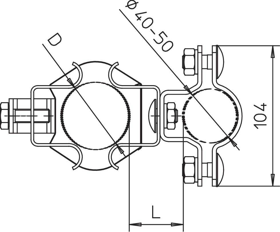 Műszaki rajz egy csőbilincsről. Átmérő 40-50 mm, teljes magasság 104 mm.