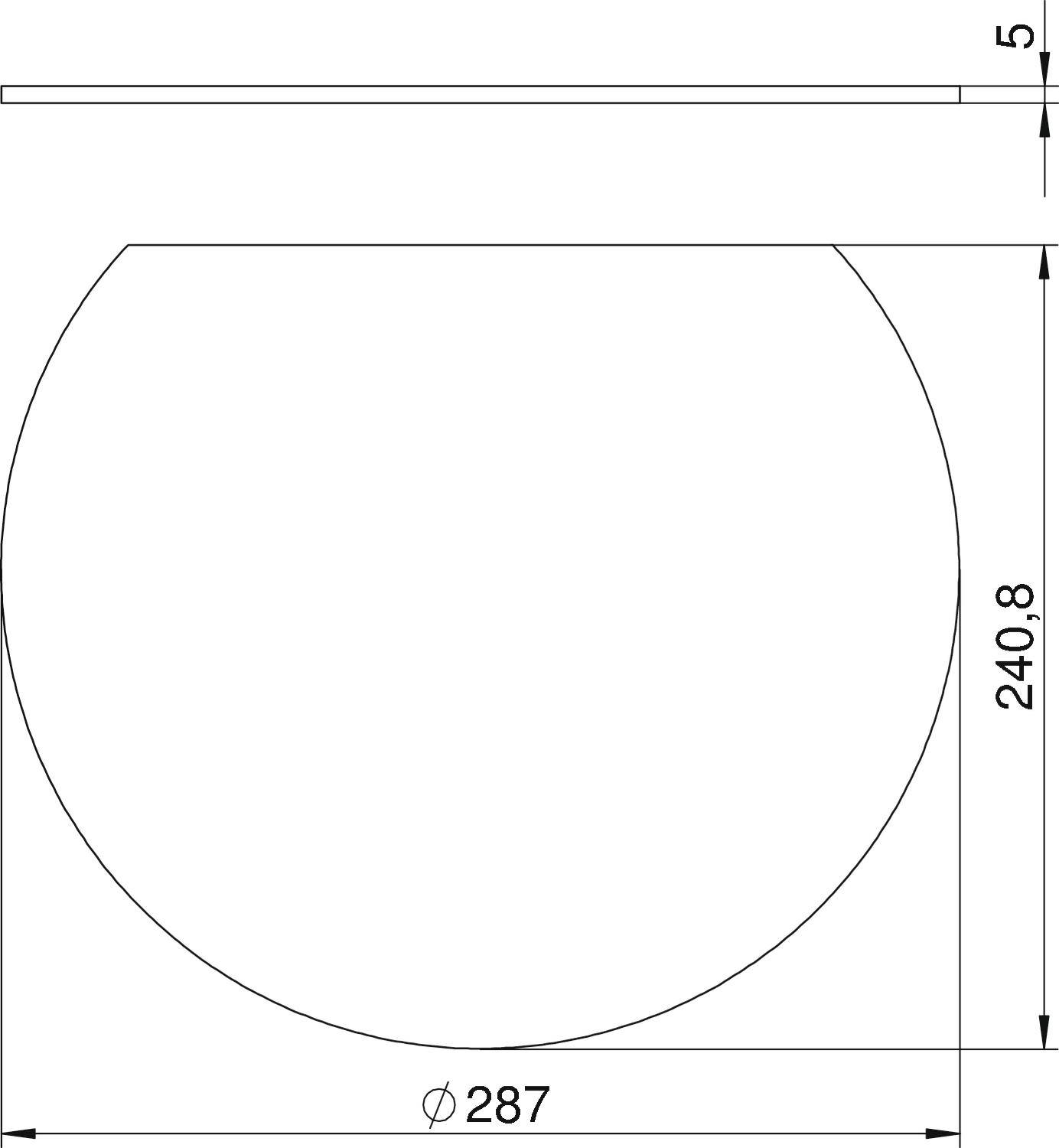 Műszaki rajz egy 287 mm átmérőjű és 240,8 mm magasságú köralakú tárgyról. Felül egy 5 mm-es vonal látható.