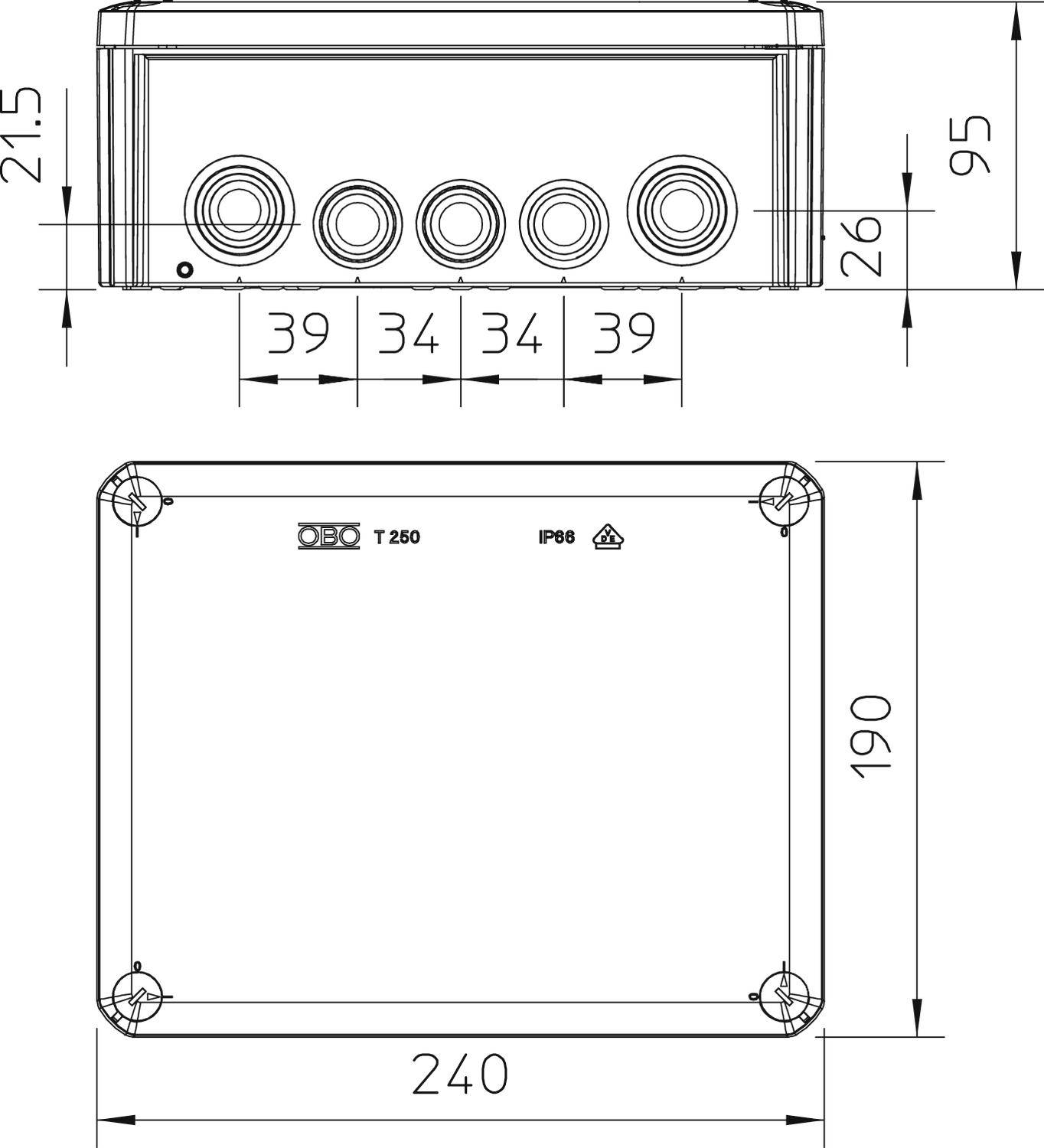 Műszaki rajz egy téglalap alakú dobozról a következő méretekkel: 240 mm szélesség, 190 mm magasság, 95 mm mélység. IP68 védettségi fokozat.