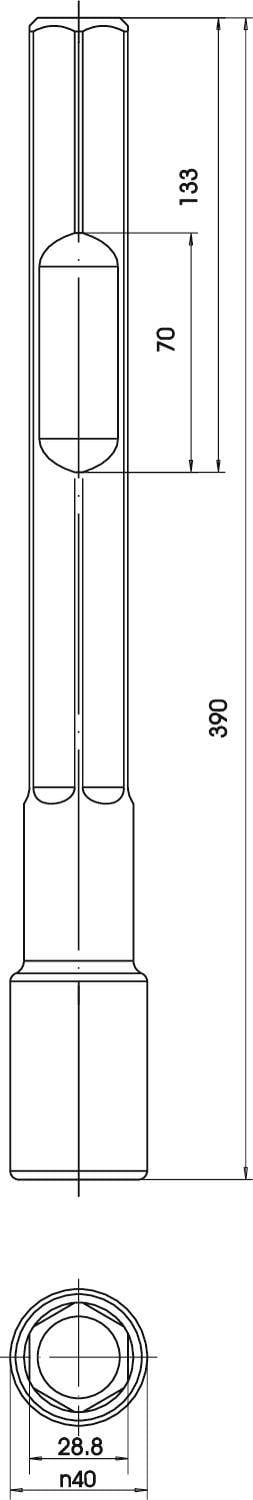 Műszaki rajz egy hengeres tárgyról méretekkel: teljes hossz 500 mm, szakaszok hossza 183 mm és 70 mm. Belső átmérő 26,8 mm.
