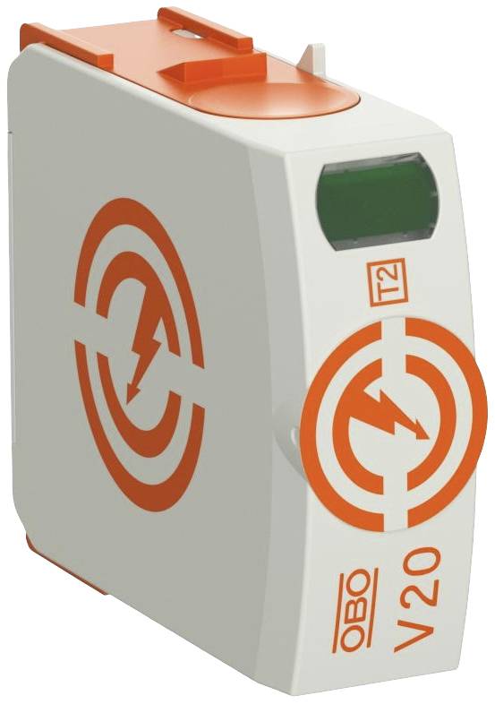 Egy OBO V20 típusú túlfeszültségvédő készülék narancssárga villámszimbólumokkal, amely védelmet nyújt a feszültségi károktól.