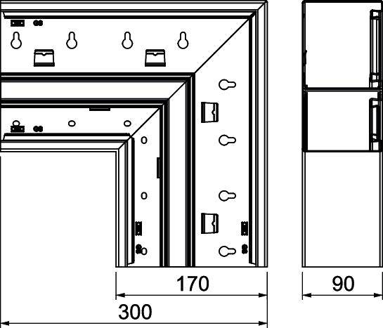 Műszaki rajz asztali szerelésű elosztódobozokról, méretekkel: szélesség 300 mm, magasság 170 mm, mélység 90 mm.