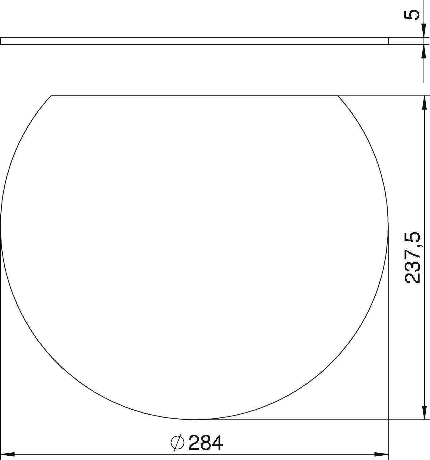 Műszaki rajz egy körkörös tárgyról, 284 mm átmérővel és 237,5 mm magassággal, felső vonal 5 mm vastag.