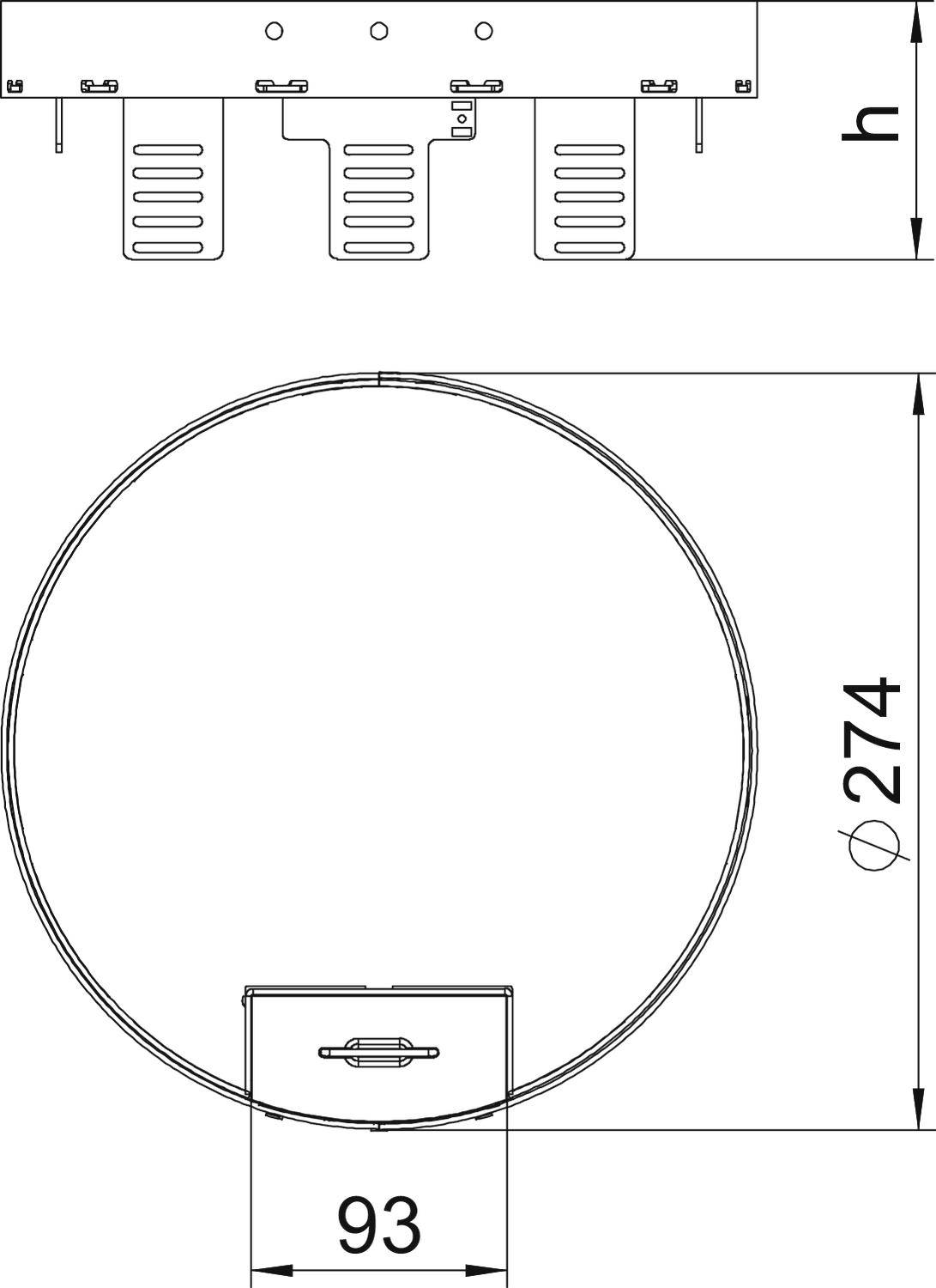 Műszaki rajz egy kerek tárgyról, 274 mm átmérővel. A teljes szélesség 93 mm. A felső részen rögzítőelemek láthatók.