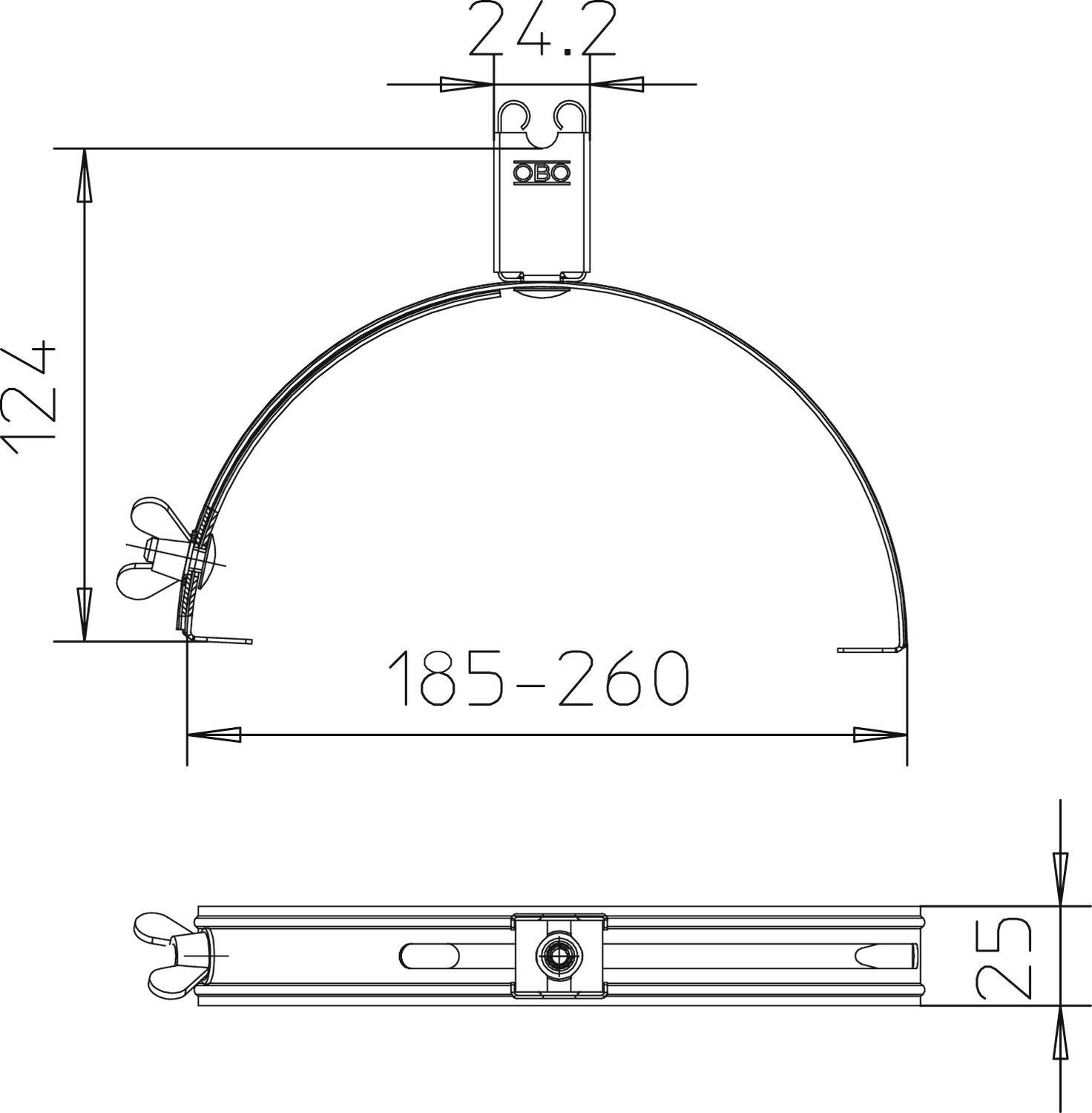 Műszaki rajz egy állítható tartóról méretekkel: szélesség 24,2 mm, magasság 124 mm, állítható befogási tartomány 185-260 mm, sín 25 mm magas.