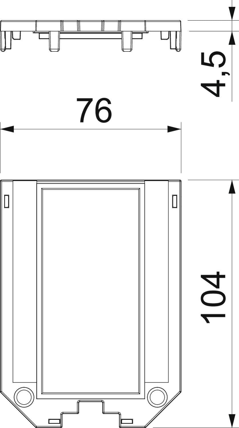Egy téglalap alakú alkatrész műszaki rajza, 76 mm szélességgel és 104 mm magassággal.