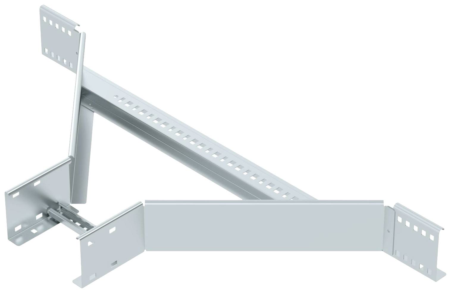 Egy ezüstszínű fémtartó több lyukasztott karral és szöggel, ipari berendezések szereléséhez alkalmas.