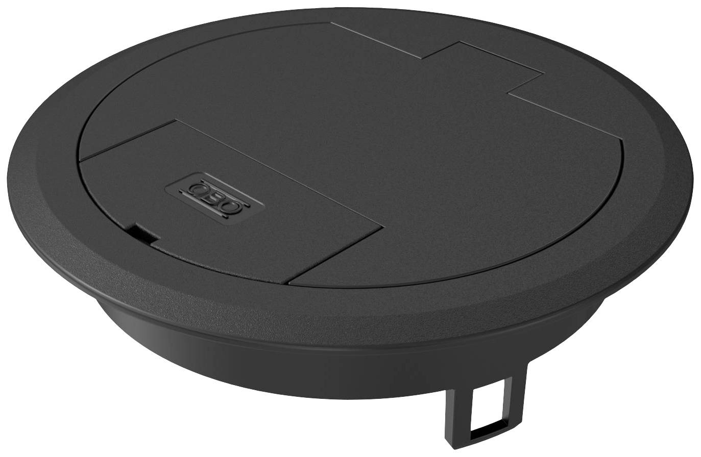 Fekete, kerek padlóba süllyeszthető dugalj-betét felhajtható fedéllel, alkalmas kábelrendezésre irodákban vagy tárgyalótermekben.