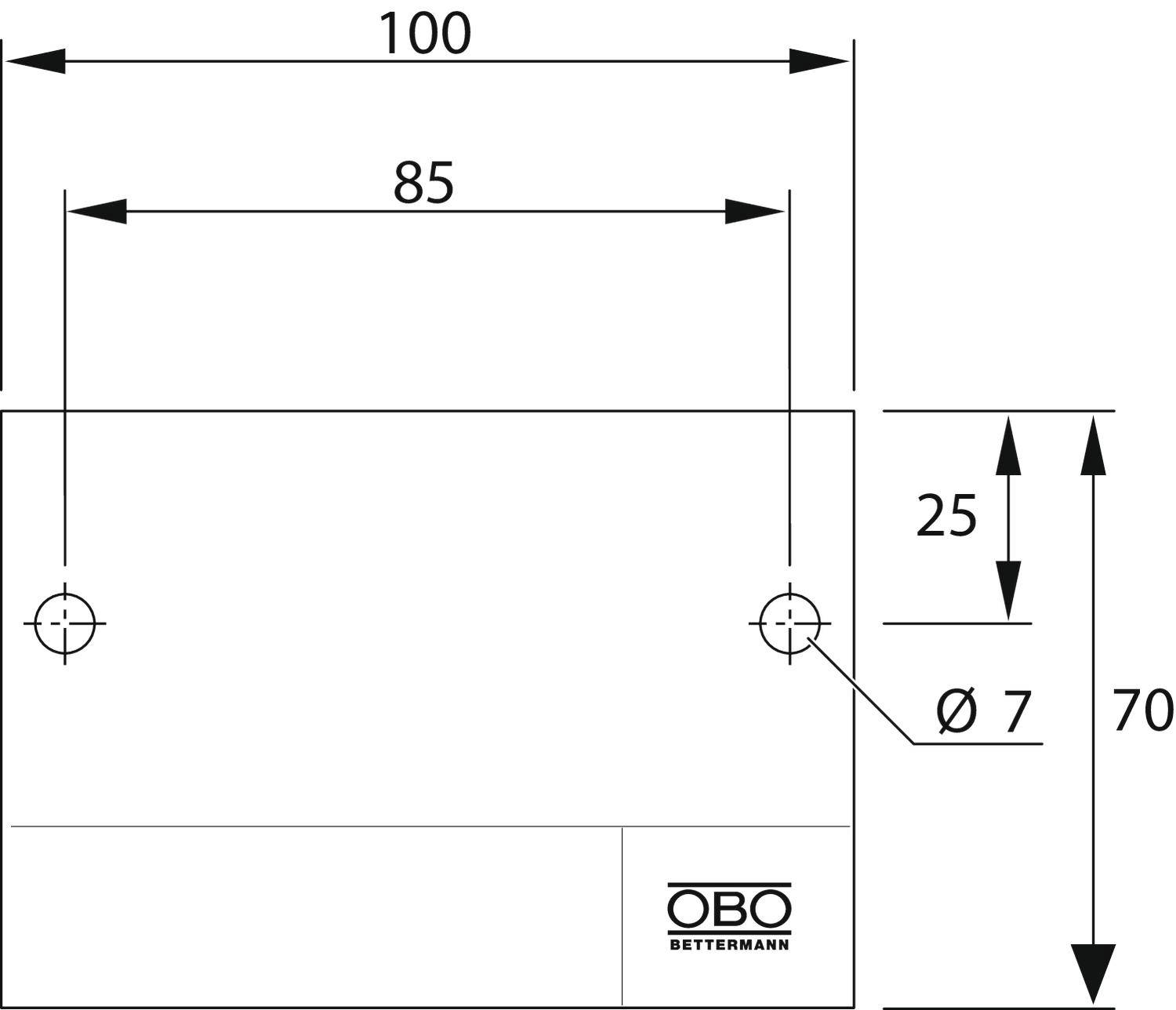 Műszaki rajz egy 100 x 70 mm méretű téglalapú objektumról, 7 mm átmérőjű lyukakkal, 85 mm távolságban egymástól, 'OBO BETTERMANN' logóval.