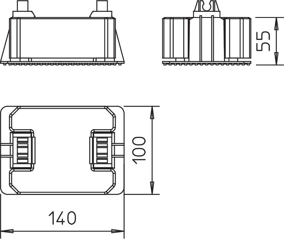 Műszaki rajz egy téglatest alakú objektumról a következő méretekkel: szélesség 140 mm, magasság 100 mm, mélység 55 mm. Elölnézet és felülnézet.