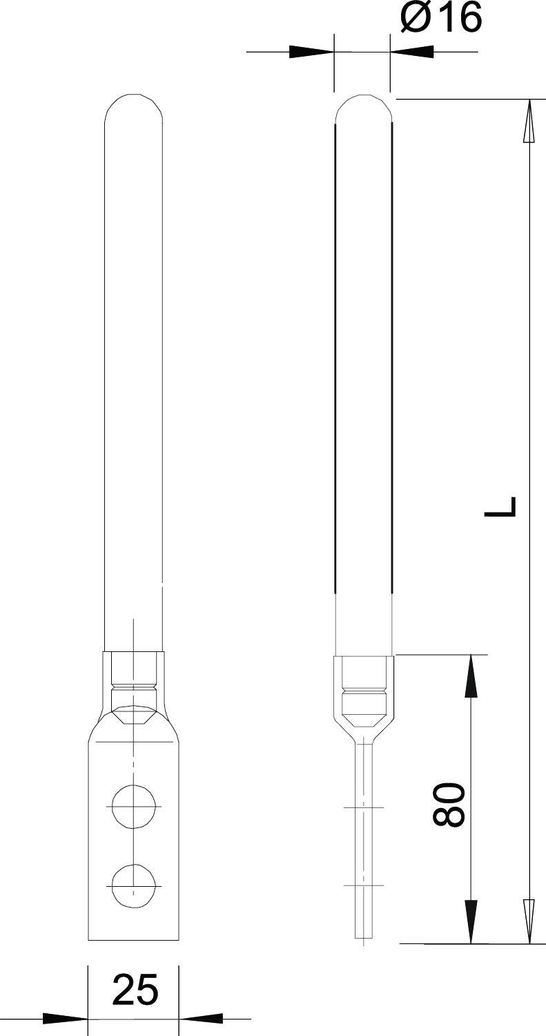 Műszaki rajz egy tollról méretekkel: Teljes hosszúság 'L', átmérő 16 mm, fő rész 80 mm, 25 mm szélesség az alapnál.