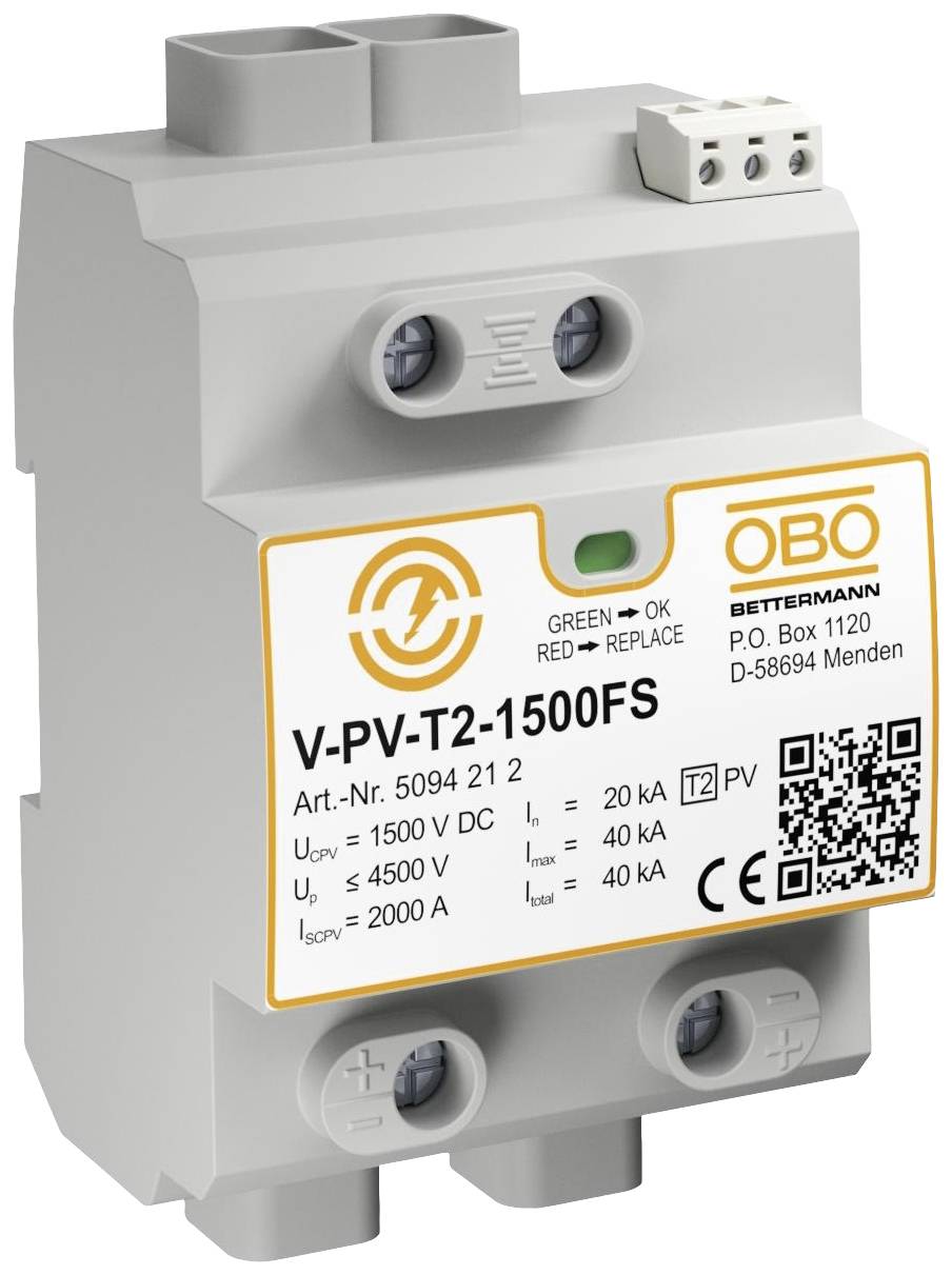 Túlfeszültség-védelmi eszköz 'V-PV-T2-1500FS' jelöléssel, 1500 V DC-hez, maximális áram 40 kA, OBO BETTERMANN gyártótól.