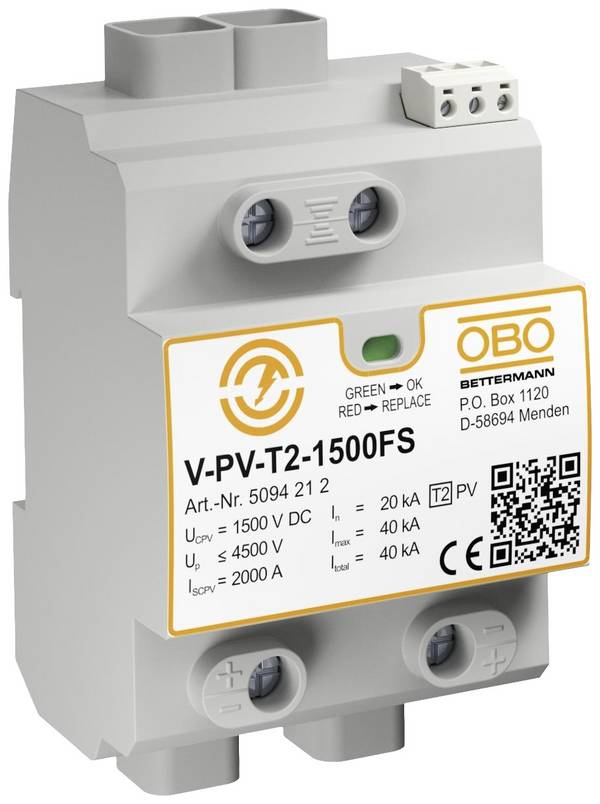 OBO Bettermann 5094212 V-PV-T2-1500+FS Túlfeszültség levezető   40 kA  1 db