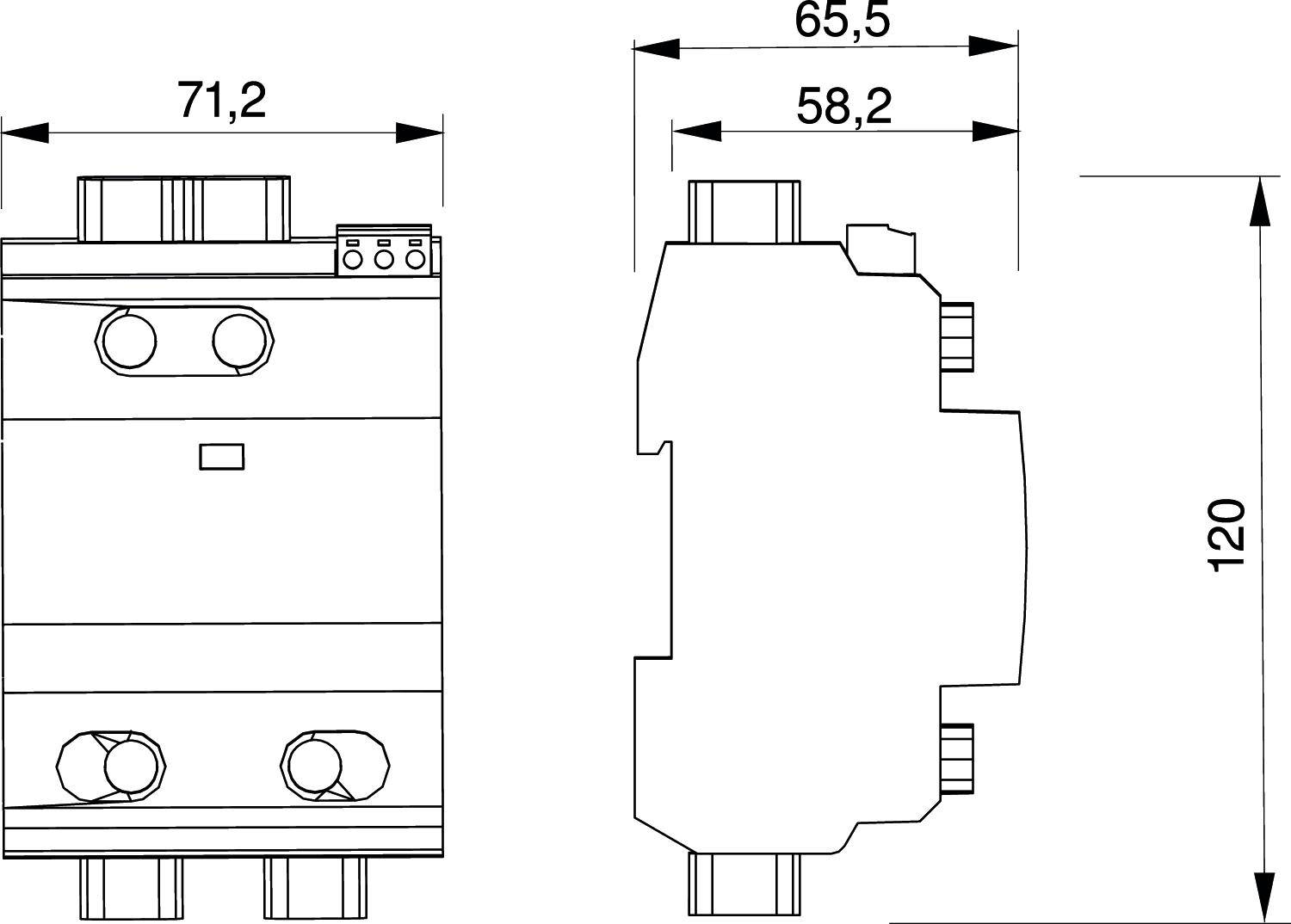 Műszaki rajz egy elektromos alkatrészről 71,2 mm x 65,5 mm x 120 mm méretekkel. Elő- és oldalnézetet mutat.