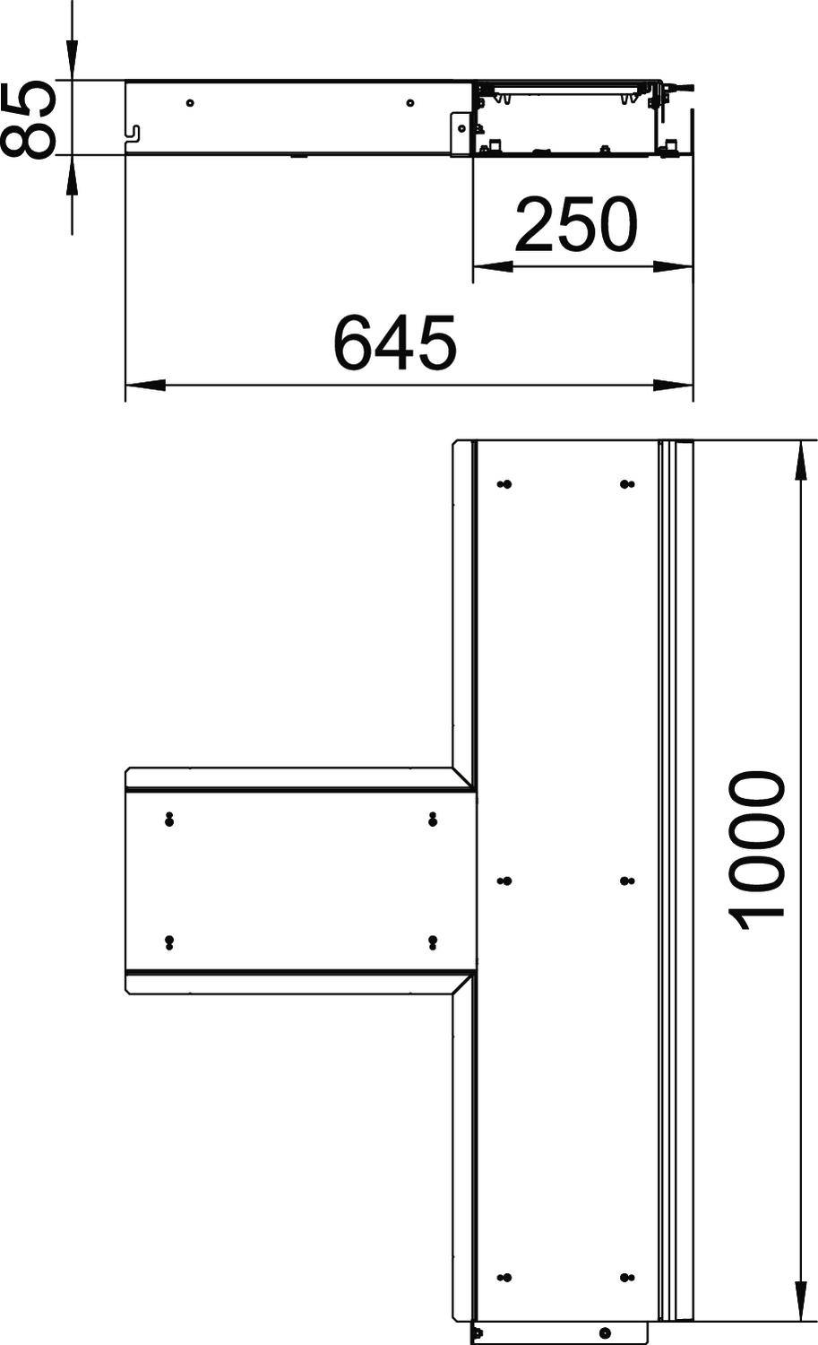 Műszaki rajz egy fémszögről méretezéssel: szélesség 645 mm, magasság 1000 mm, mélység 250 mm, profilmagasság 85 mm.