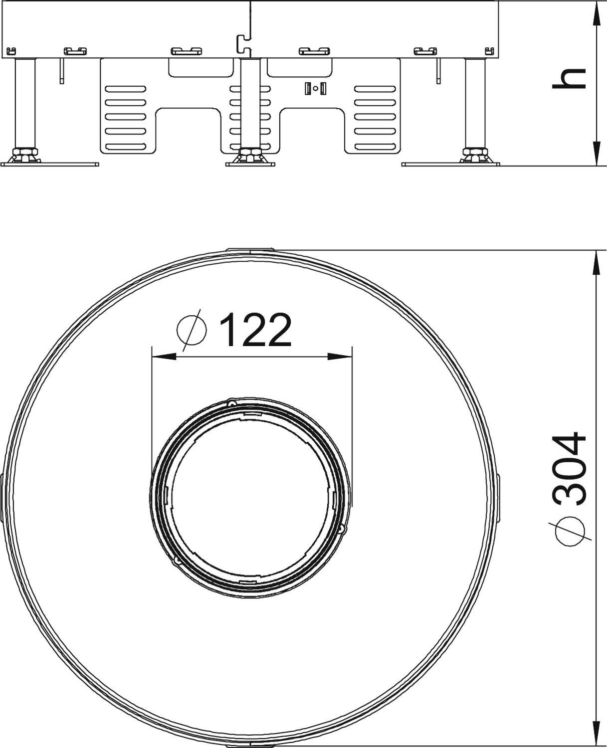 Műszaki rajz kerek mennyezeti beépíthető lámpáról. Méretei: 304 mm átmérő, 122 mm beépítési nyílás, 'h' magasság változtatható.