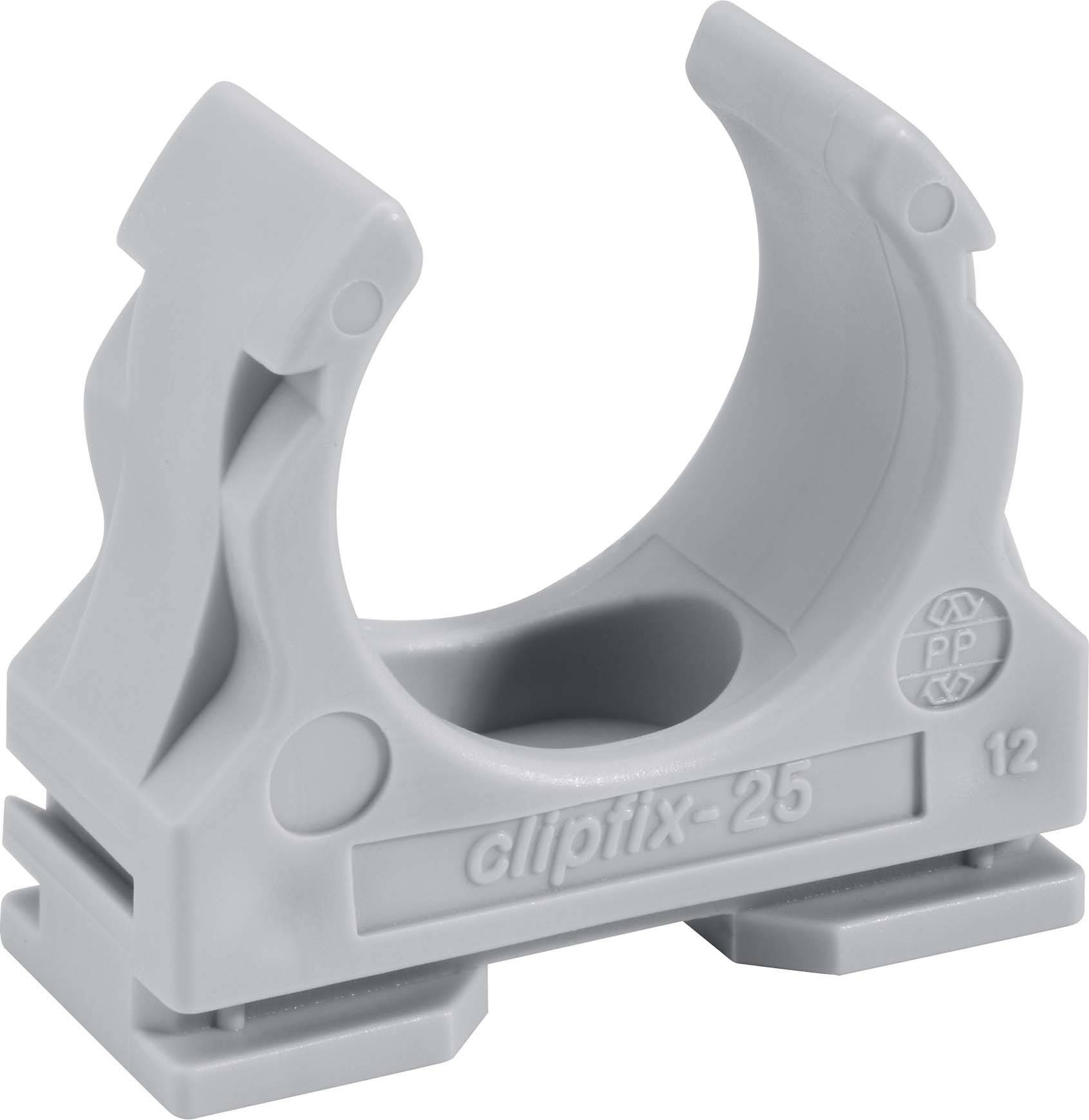 Egy szürke, 25 mm-es kábelek rögzítésére szolgáló, műanyag 'clipfix-25' típusú kábeltartó klip.