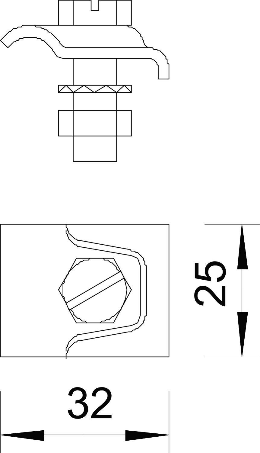 Műszaki rajz egy alkatrészről méretekkel: 32 mm szélesség, 25 mm magasság. Csatlakozásokat és szerkezeti részleteket mutat.