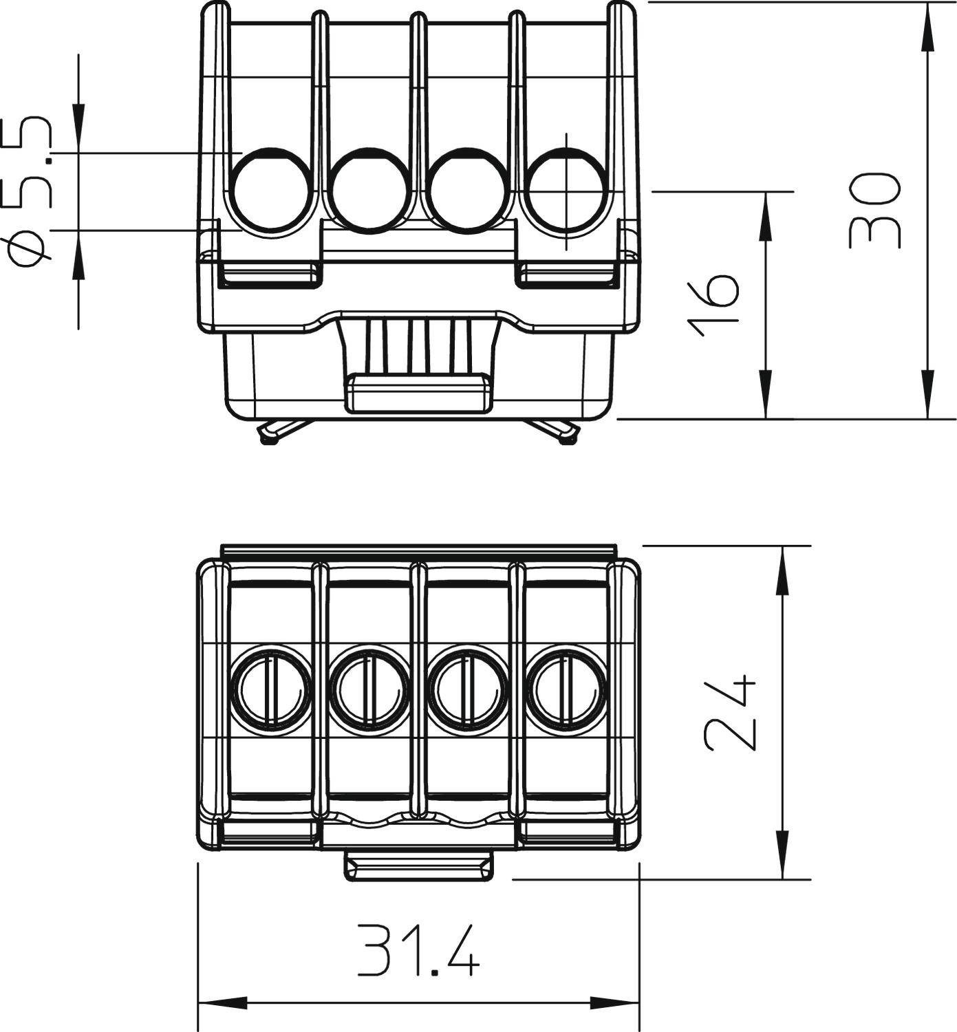 Műszaki rajz egy csatlakozóblokkról méretmegadással: magasság 30 mm, szélesség 31,4 mm, furat átmérője 5,5 mm.