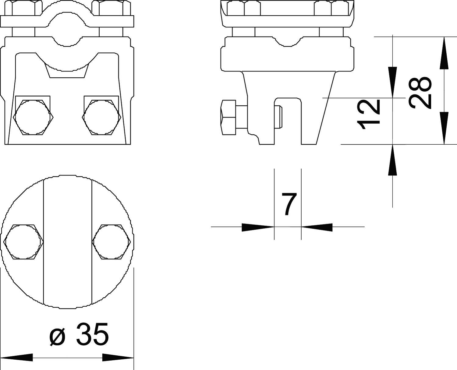 Műszaki rajz: Egy mechanikai szorító két nézete; méretei: magasság 28 mm, szélesség 35 mm, csapok közötti távolság 7 mm.