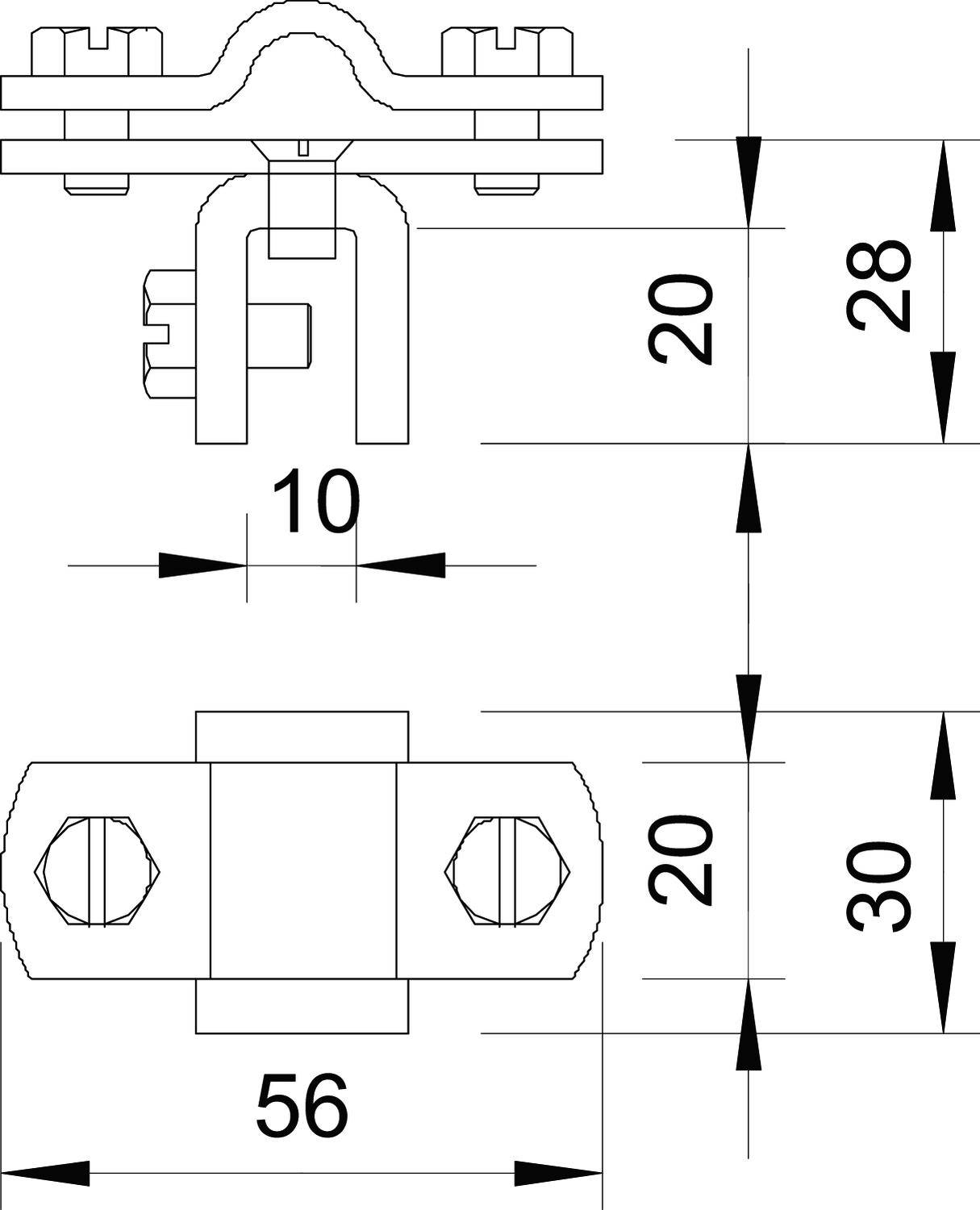 Műszaki rajz egy fémösszekötőről méretekkel: Felső nézet 56 mm szélességet mutat, oldalnézet magassági méretei 20, 28 és 30 mm.