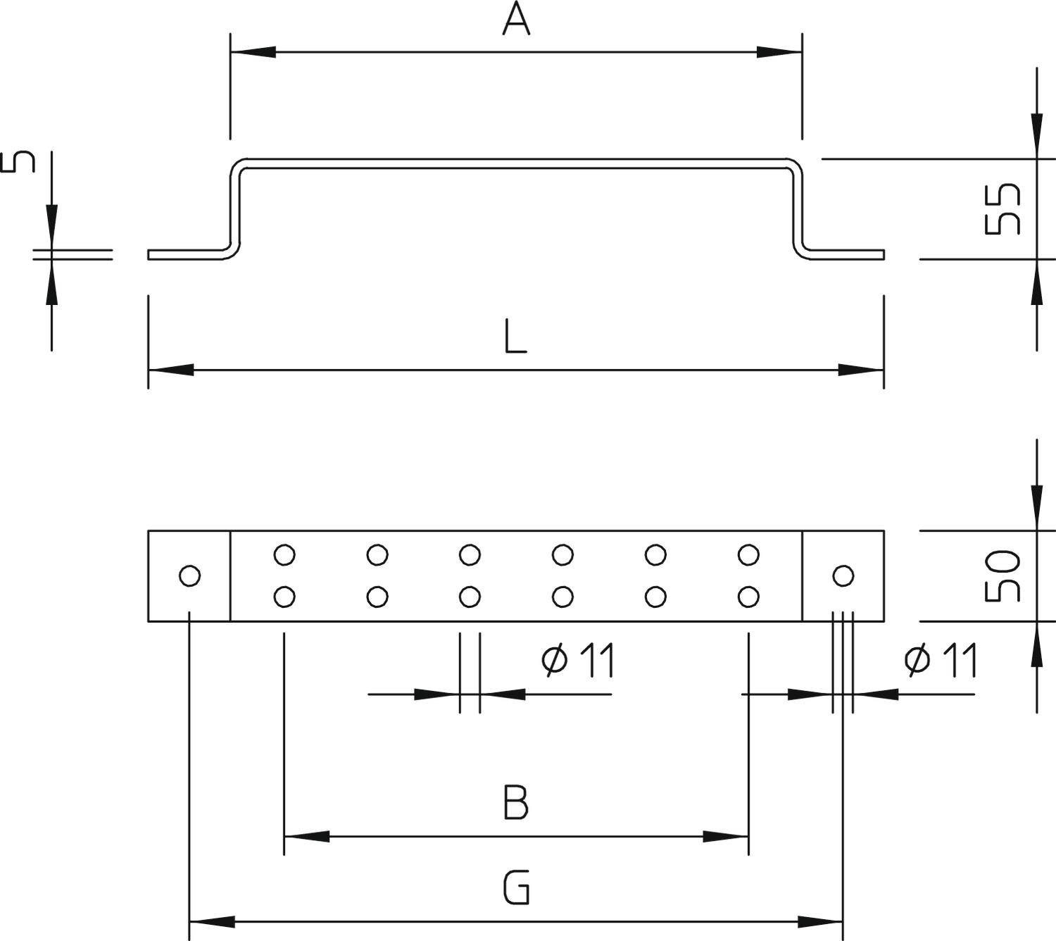 Műszaki rajz egy fémprofilról méretekkel: magasság 55 mm, szélesség L, mélység B és G, lyuk átmérője 11 mm.