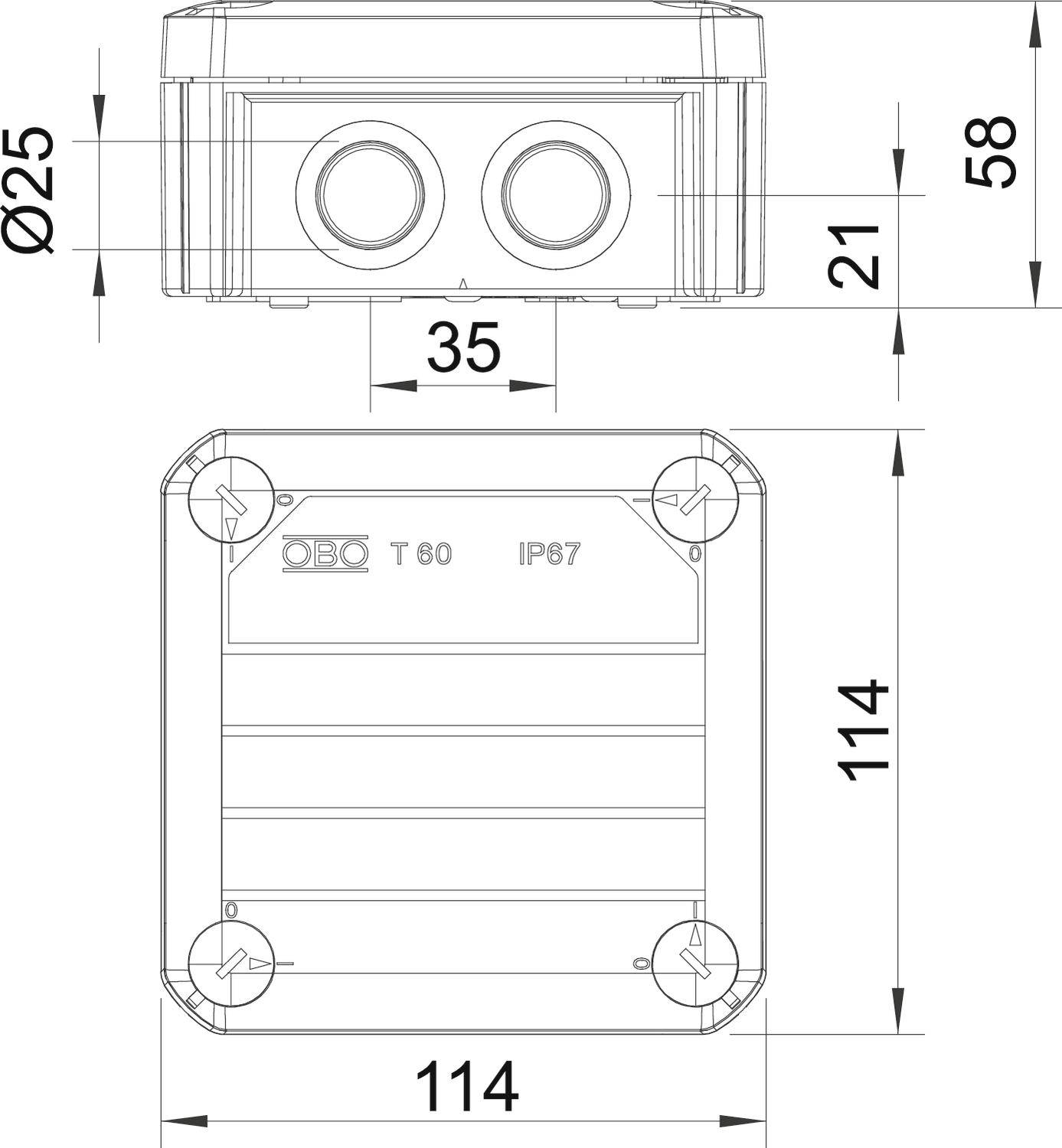 Műszaki rajz egy téglalap alakú elágazódobozról a következő méretekkel: magasság 58 mm, szélesség 114 mm, mélység 114 mm, nyílások 25 mm átmérővel.