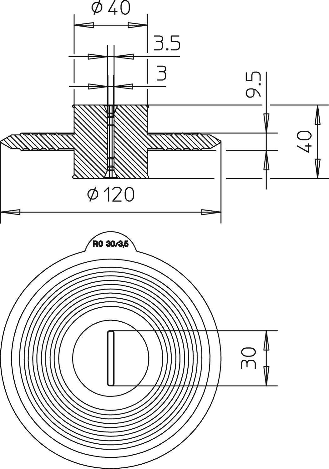 Műszaki rajz egy kerek alkatrészről méretekkel: 120 mm átmérő, 40 mm magasság. Felül 40 mm átmérőjű bevágás.