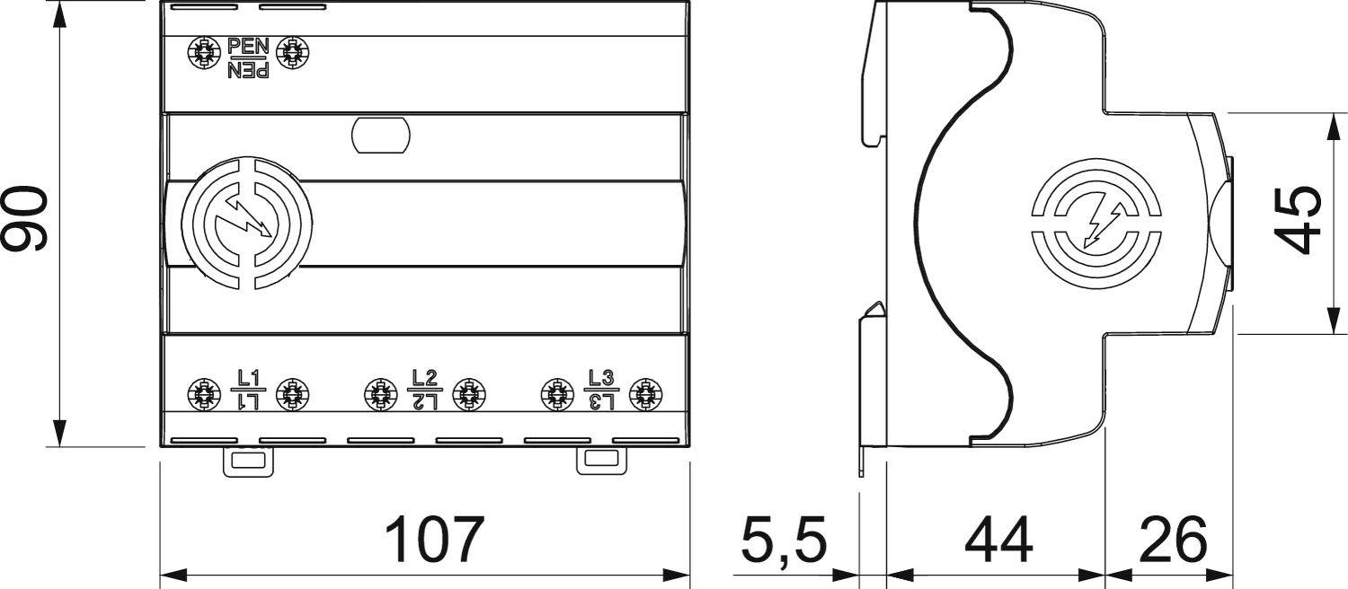 Villamos készülék műszaki rajza méretekkel: magasság 90 mm, szélesség 107 mm, két nézet. Csavaros csatlakozók jelölve.