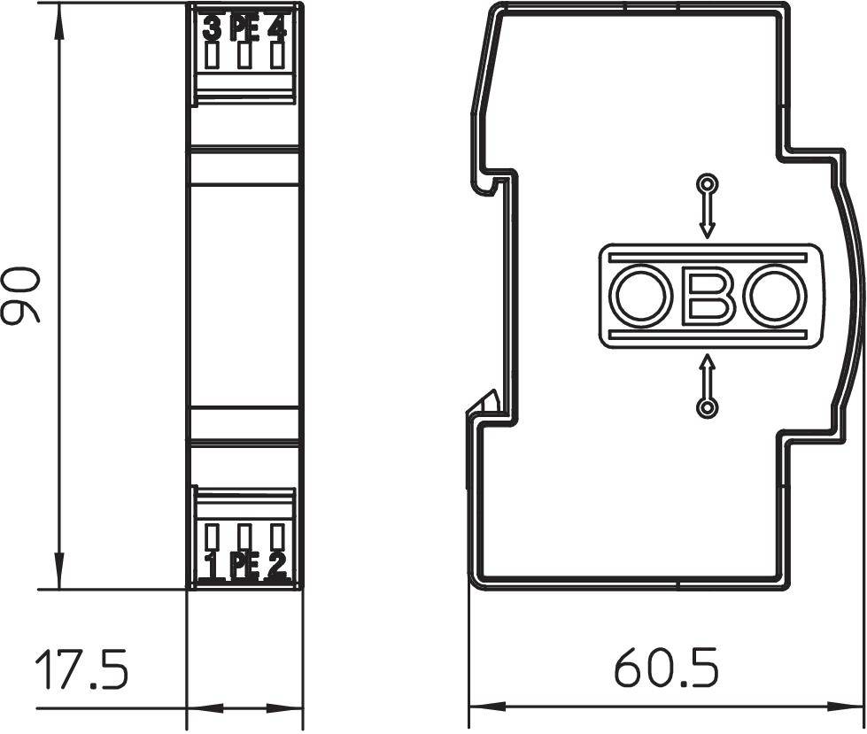 Egy eszköz műszaki rajza, elölnézetet és oldalnézetet mutat. Méretei: magasság 90 mm, szélesség 17,5 mm, mélység 60,5 mm. Felirat: 'OBO'.