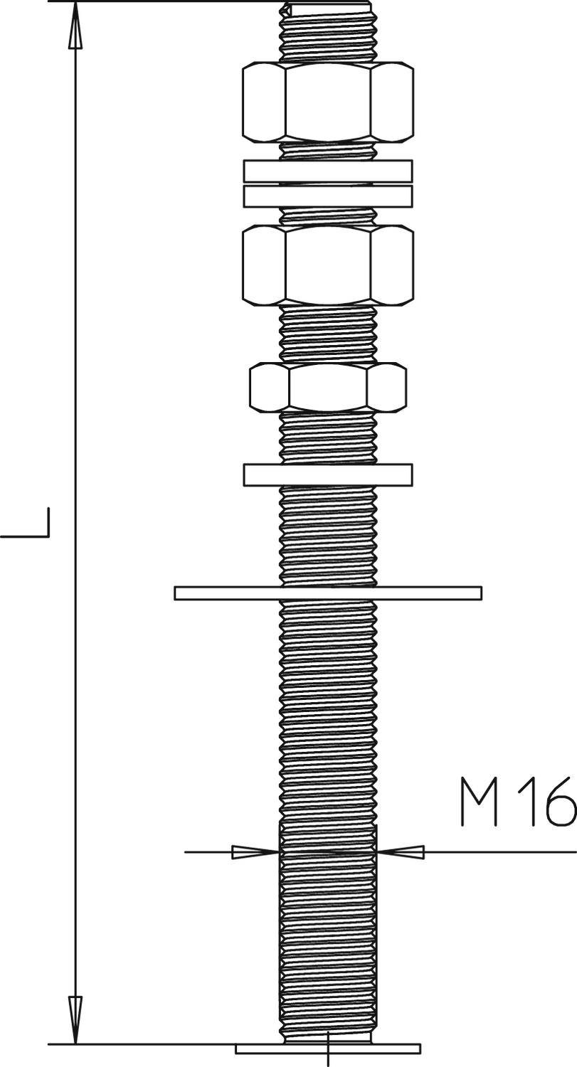 Egy M16-os menetes csavar műszaki rajza anyákkal és alátétekkel a tengely mentén, méretjelöléssel az oldalán.