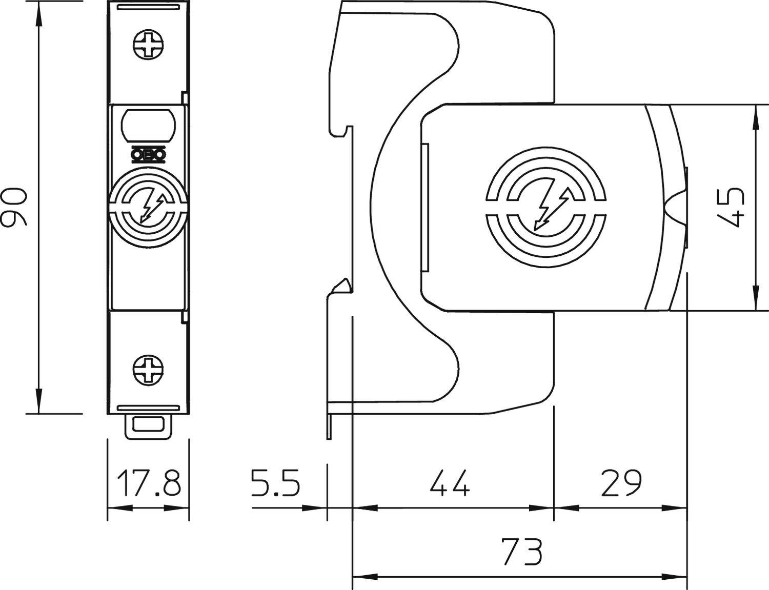 Műszaki rajz egy zárról méretekkel: magasság 90 mm, szélesség 73 mm, mélység 17,8 mm. Elő- és oldalnézetet mutat.