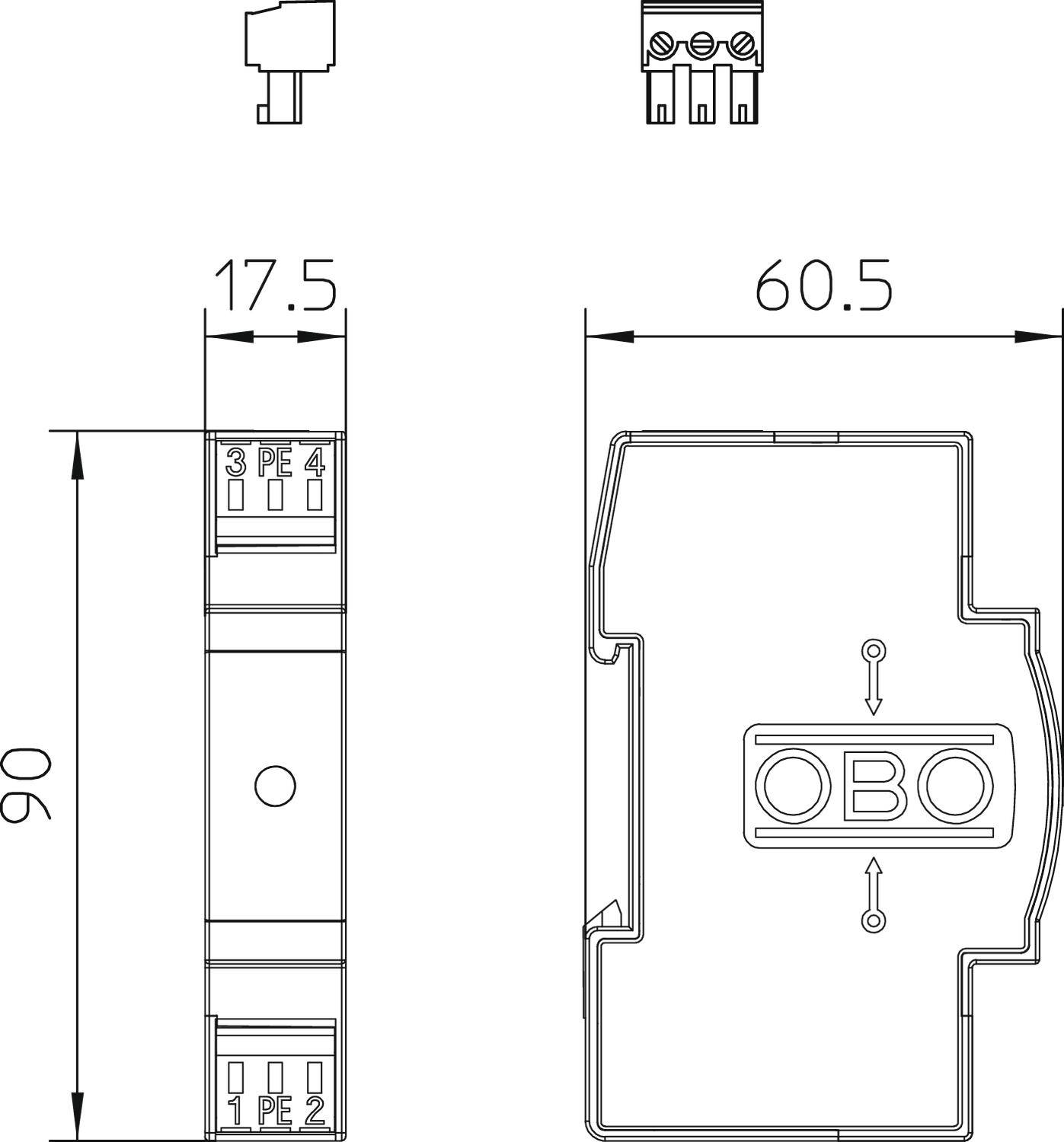Műszaki rajz egy elektromos készülékről méretekkel: magasság 90 mm, szélesség 17,5 mm, mélység 60,5 mm. Felül 3 csatlakozó jelölve 'PE' felirattal.