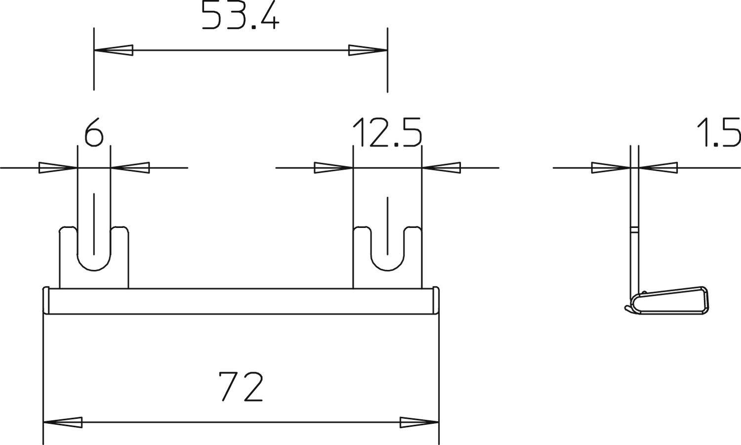 Műszaki rajz egy téglalap alakú alkatrészről méretekkel: 72 mm szélesség, 53,4 mm magasság két pont között, részletek 6 mm, 12,5 mm és 1,5 mm méretben.