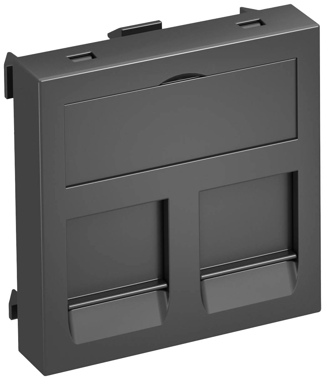 Fekete, téglalap alakú alkatrész, két alsó lapos rekesszel és egy felső fedéllel. Elektronikai készülékekbe történő beépítésre alkalmas.