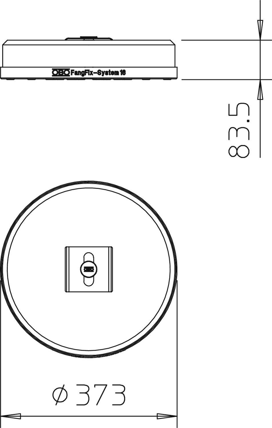 Műszaki rajz egy kerek tárgyról, 373 mm átmérővel és 83,5 mm magassággal, a 'FangFix-rendszer 16' felirattal.
