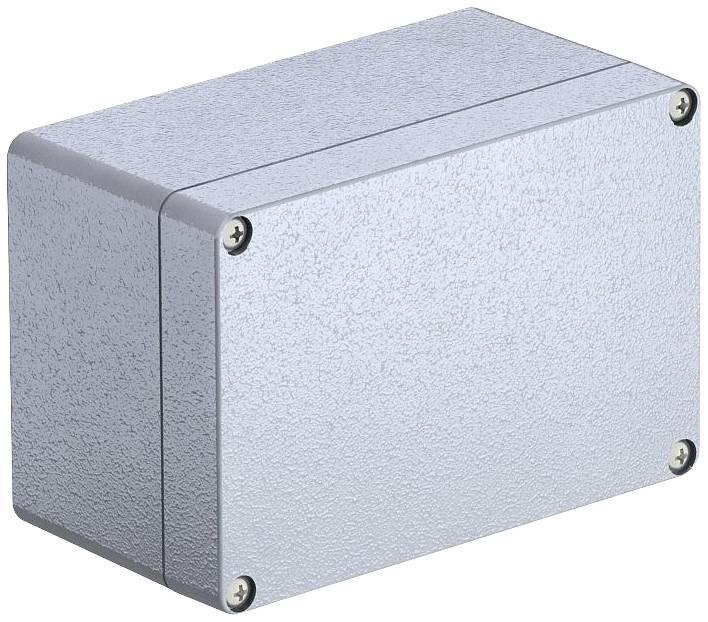 Fémes szürke, téglalap alakú ház csavaros zárral a sarkokon; robusztus kialakítás, valószínűleg elektronikai vagy telepítési célokra alkalmas.