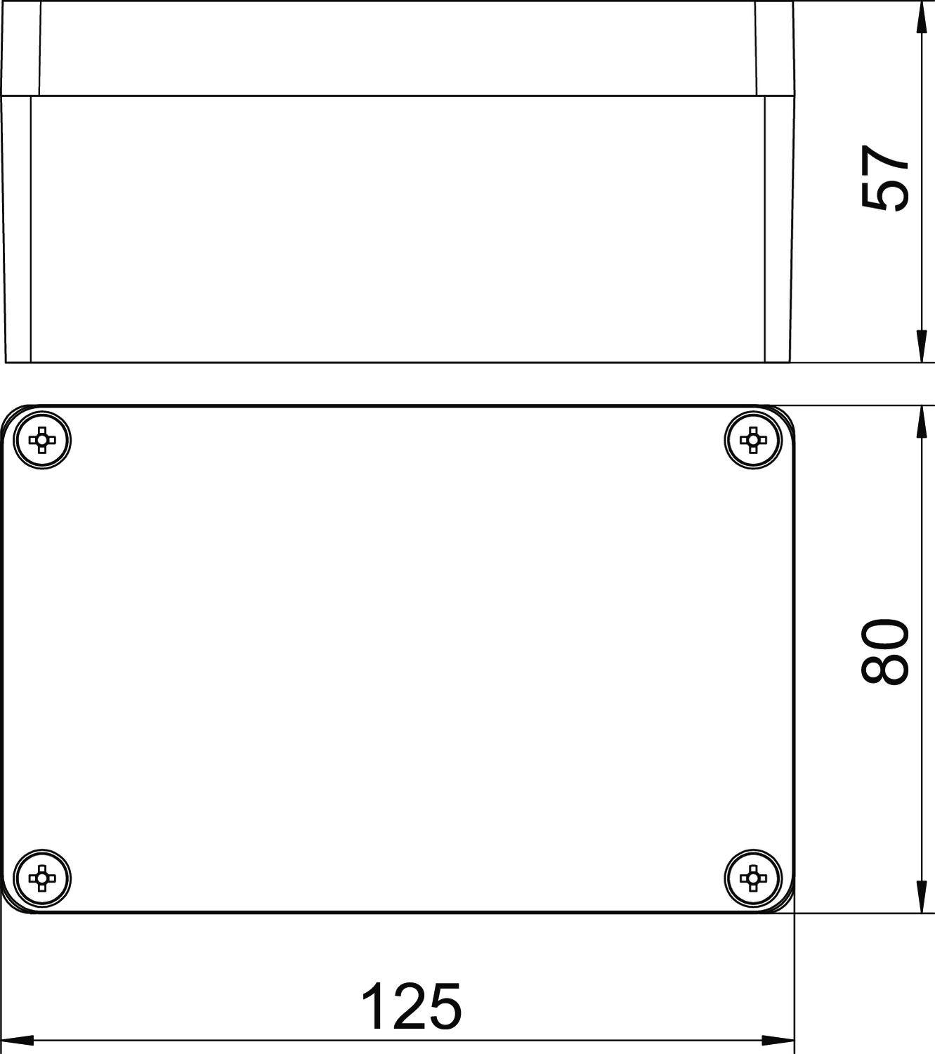 Egy téglalap alakú ház rajza a következő méretekkel: szélesség 125 mm, magasság 80 mm, mélység 57 mm. A sarkokon csavarok láthatók.