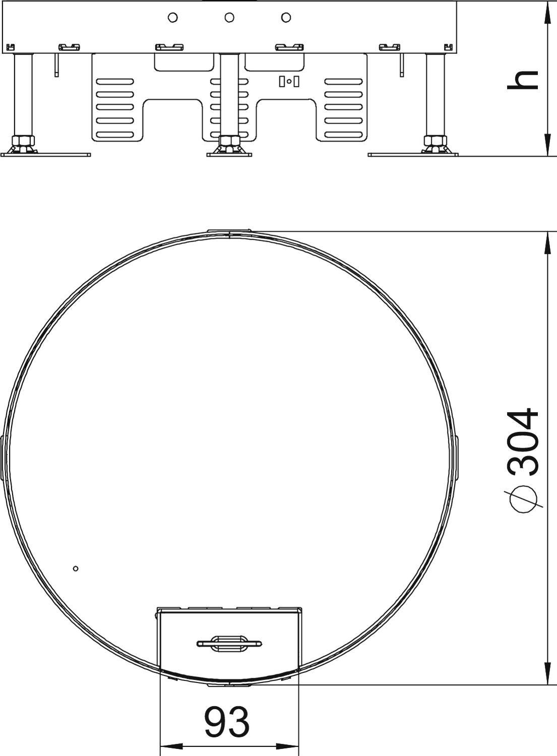 Műszaki rajz egy kerek tárgyról, amelynek átmérője 304 mm és szélessége 93 mm. A magasság 'h'-val jelölve.